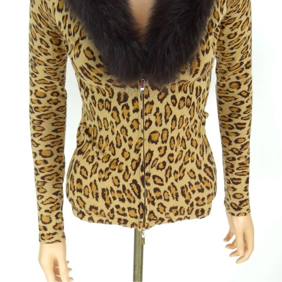 CACHE Zipper Sweater SMALL Leopard Animal Print Fox Fur Collar Knit Cardigan Top - Picture 4 of 12